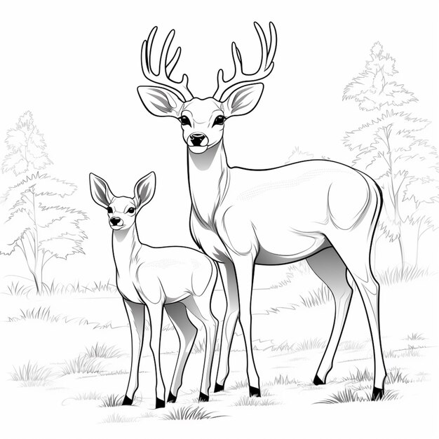 Photo un dessin d'un cerf et d'un bébé cerf dans un champ génératif ai