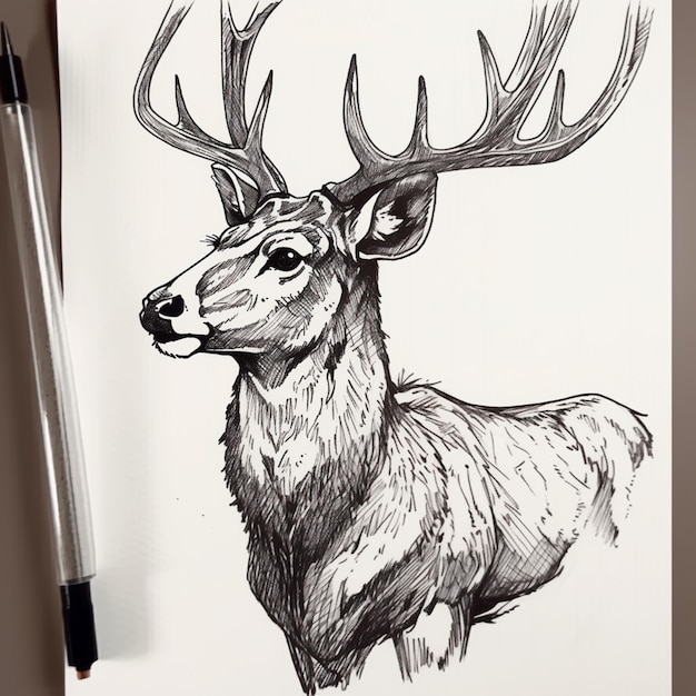 Photo dessin d'un cerf avec des cornes sur un papier blanc avec un stylo génératif ai.