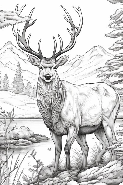 Photo un dessin d'un cerf debout sur une colline avec un lac en arrière-plan ia générative