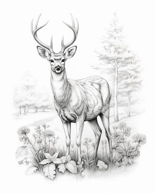 un dessin d'un cerf debout dans un champ avec des arbres génératifs ai