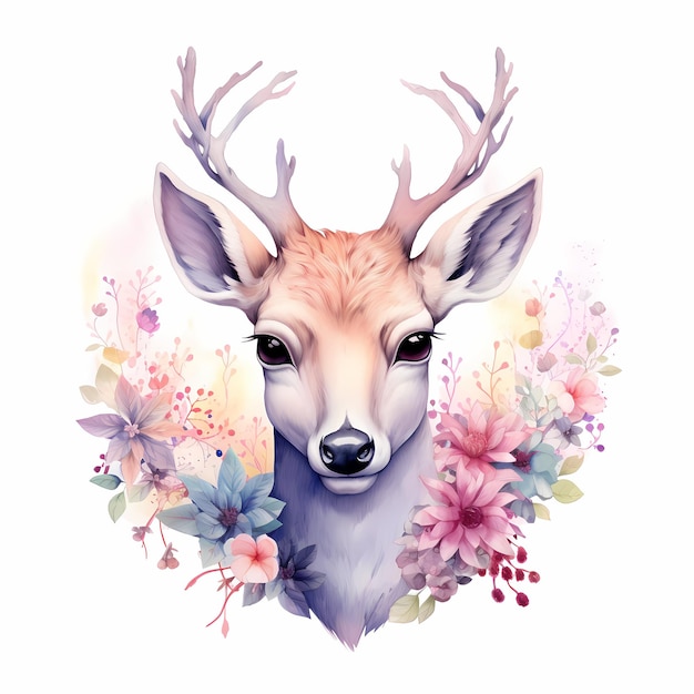 un dessin d'un cerf avec des fleurs et une tête de cerf.