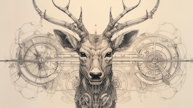 Un dessin d'un cerf avec une tête mécanique