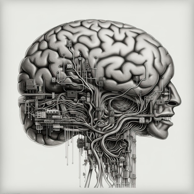 Photo un dessin d'un cerveau humain avec un cerveau et un circuit imprimé.
