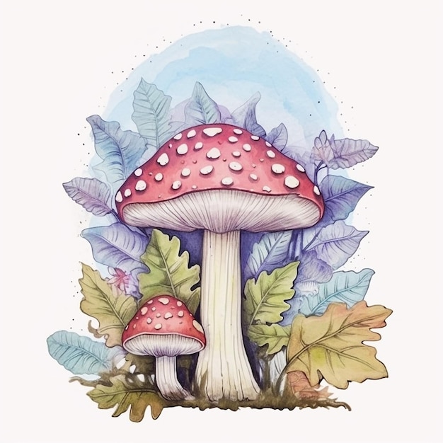 Un dessin d'un champignon avec un chapeau rouge et un point blanc sur le fond