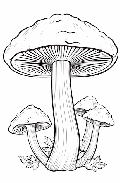 un dessin d'un champignon avec des feuilles sur le sol