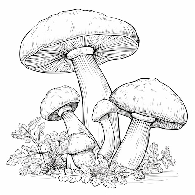 Photo un dessin de champignons dans l'herbe avec des feuilles ai générative