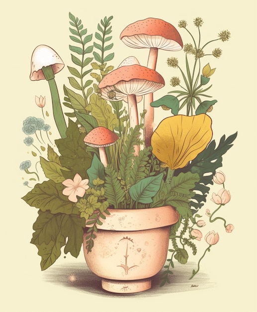 Un dessin de champignons et de fleurs dans un pot.