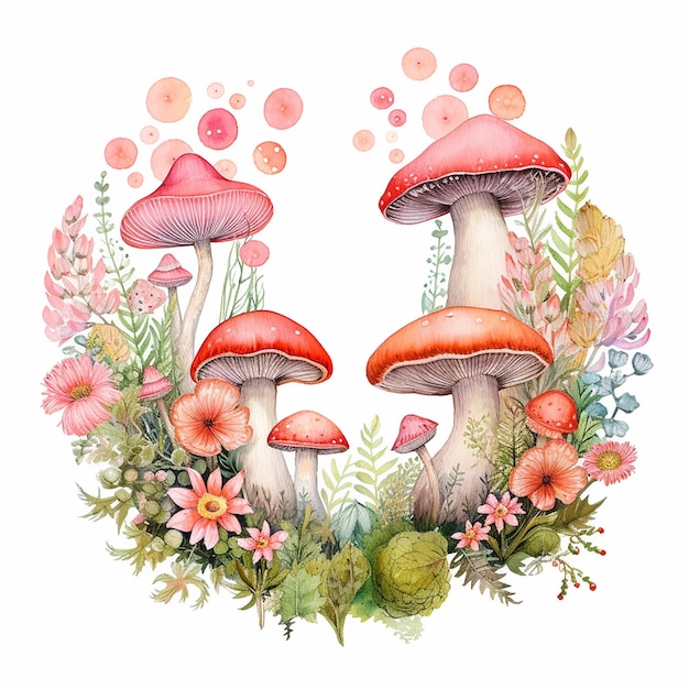 un dessin de champignons et de plantes avec le mot champignon.