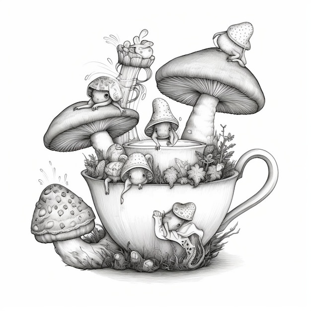 Photo un dessin de champignons et une tasse avec un dessin de champignons au fond.