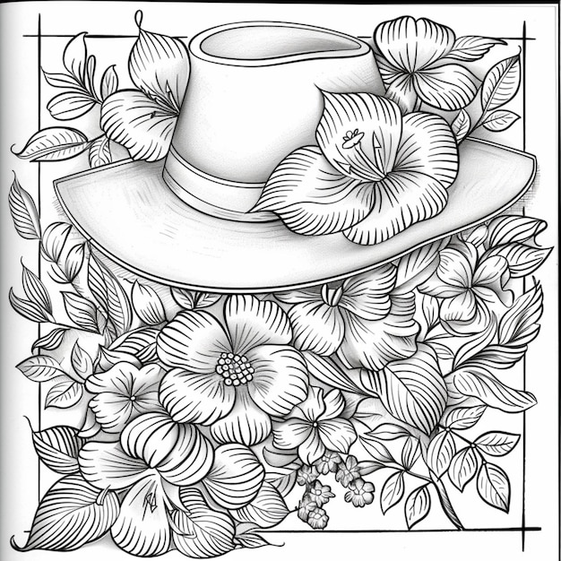 un dessin d'un chapeau avec des fleurs et un chapeau dessus
