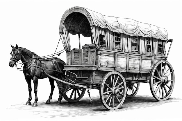 Un dessin d'un chariot avec un cheval dessiné dessus