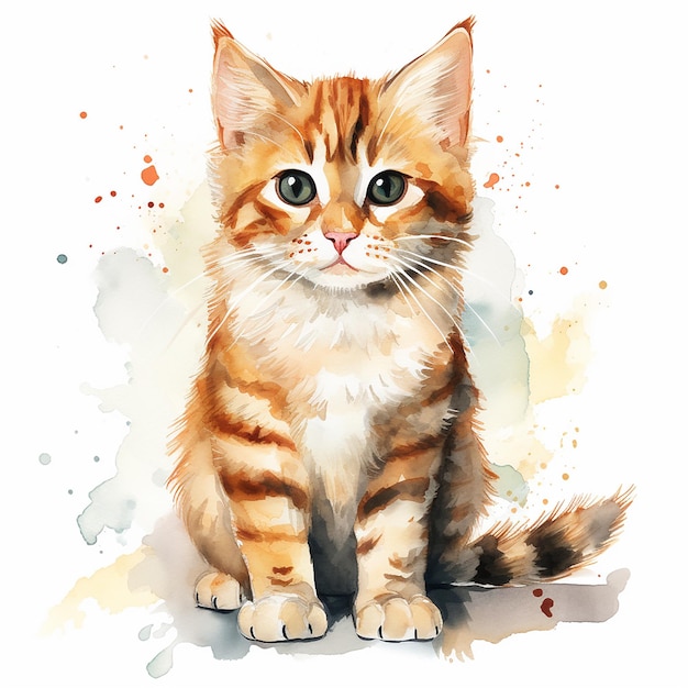 Un dessin de chat à l'aquarelle rêveur sur fond blanc