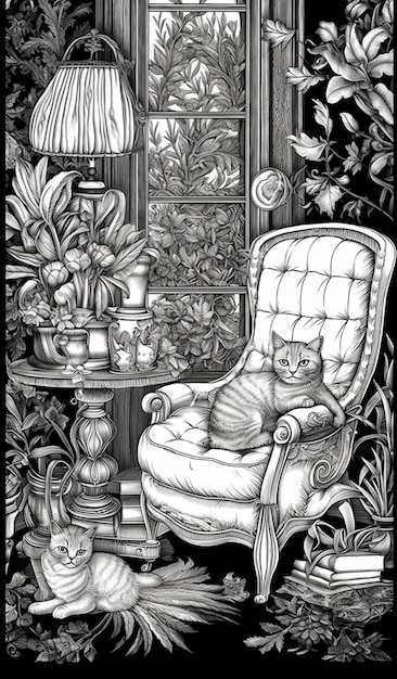 un dessin d'un chat assis sur une chaise dans une pièce ai générative