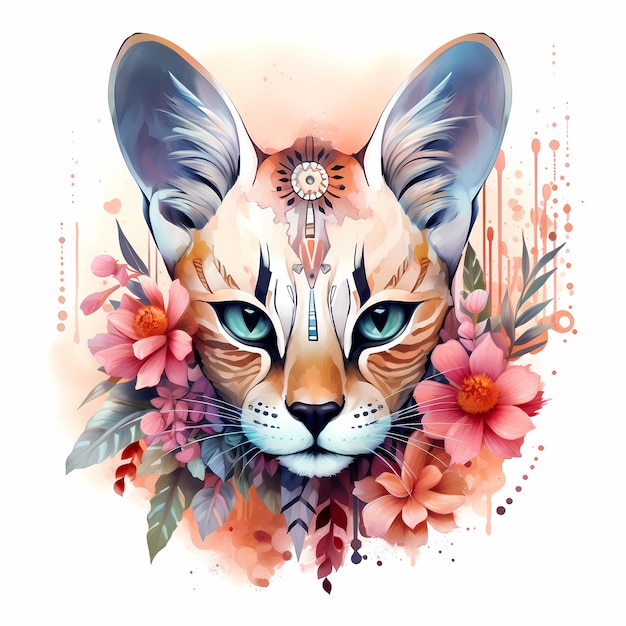 un dessin d'un chat aux yeux bleus et un motif de fleurs