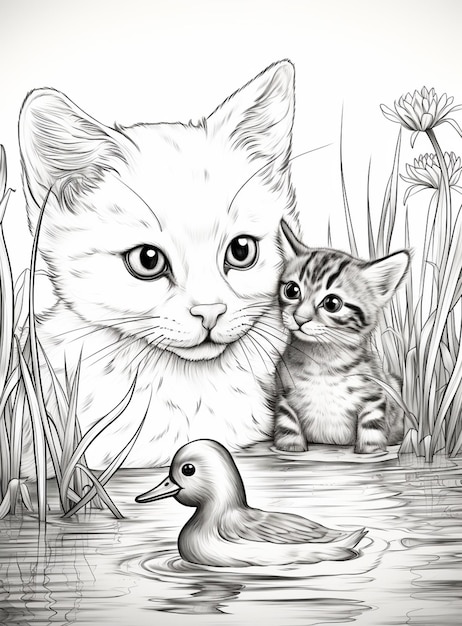 dessin d'un chat et d'un canard dans un étang avec de l'herbe générative ai