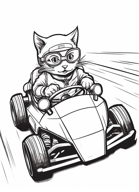 un dessin d'un chat conduisant une voiture avec un casque sur l'IA générative