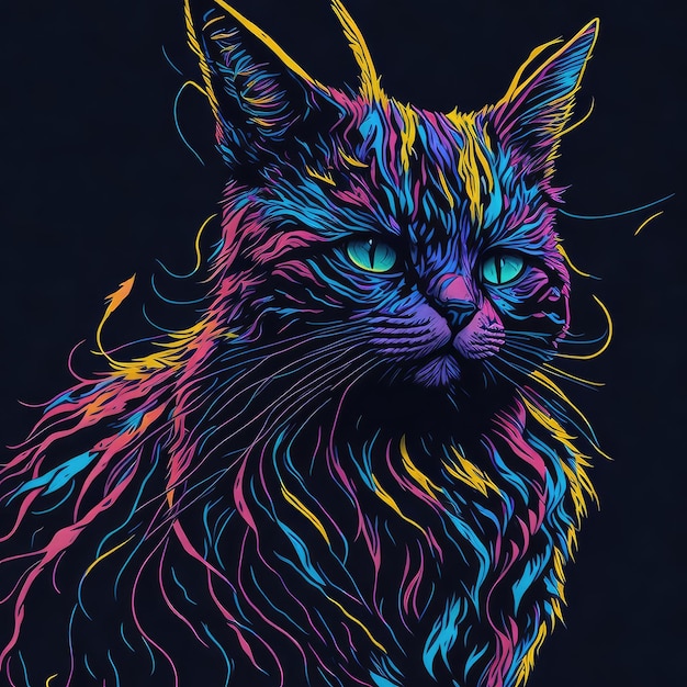 Un dessin d'un chat avec des couleurs vives dessus