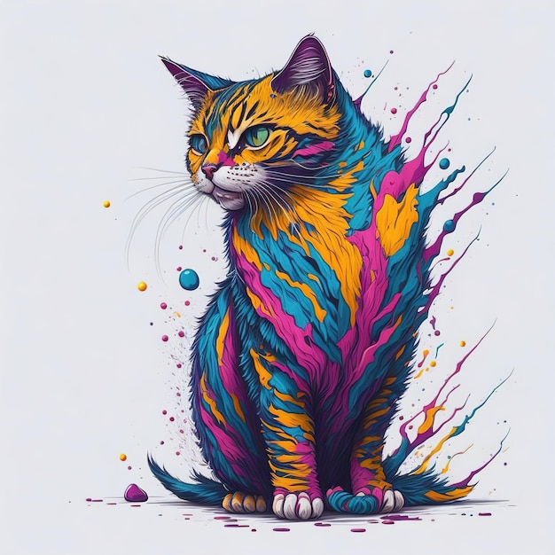 Un dessin d'un chat avec des éclaboussures de peinture colorées.