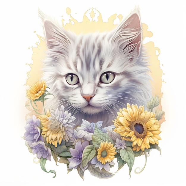 un dessin d'un chat avec des fleurs et une image d'un chaton