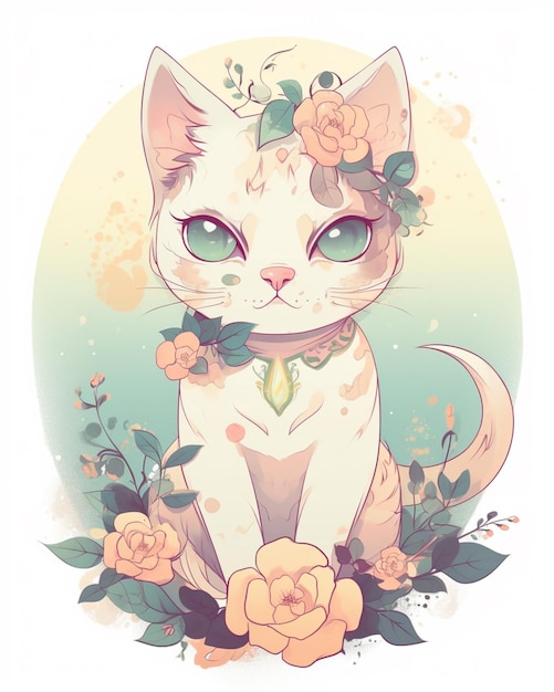 Un dessin d'un chat avec des fleurs et le mot chat dessus.