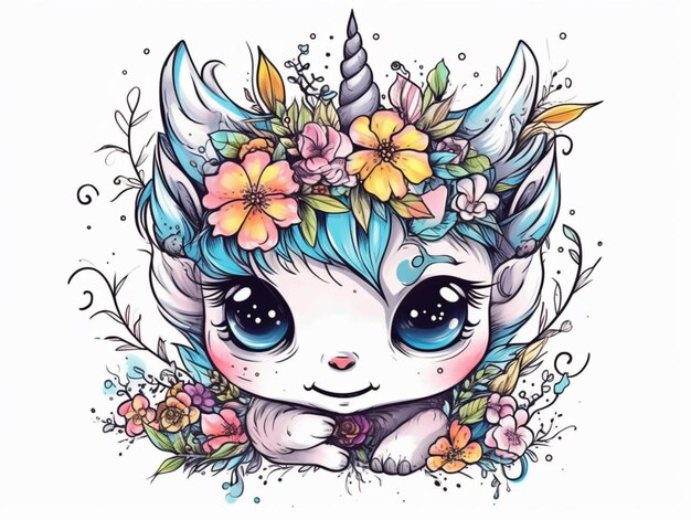 Photo un dessin d'un chat avec des fleurs sur sa tête