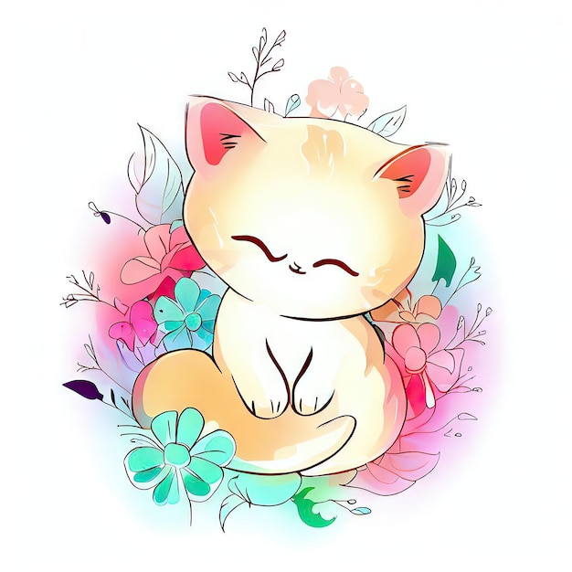 Un dessin d'un chat avec un fond de fleur