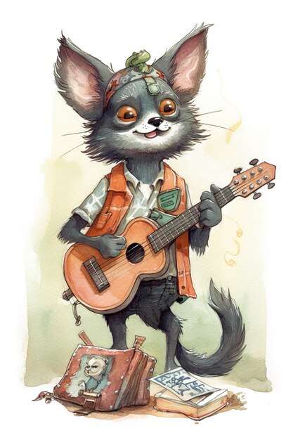 Un dessin d'un chat jouant de la guitare Image AI générative