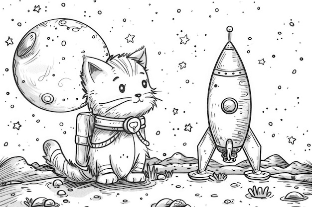 Un dessin d'un chat et un livre de coloriage de fusée pour enfants