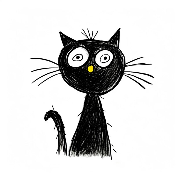 dessin d'un chat noir avec de grands yeux et une queue générative ai