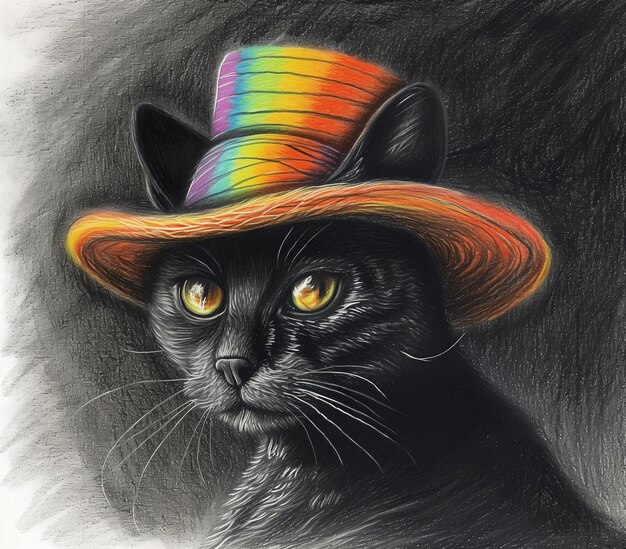 Photo dessin d'un chat portant un chapeau avec un arc-en-ciel de couleur supérieure générative ai