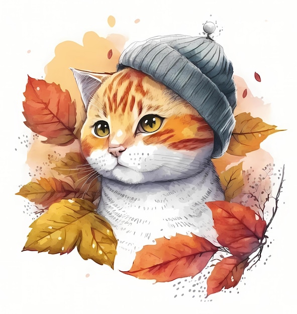 Un dessin d'un chat portant un chapeau et un bonnet.