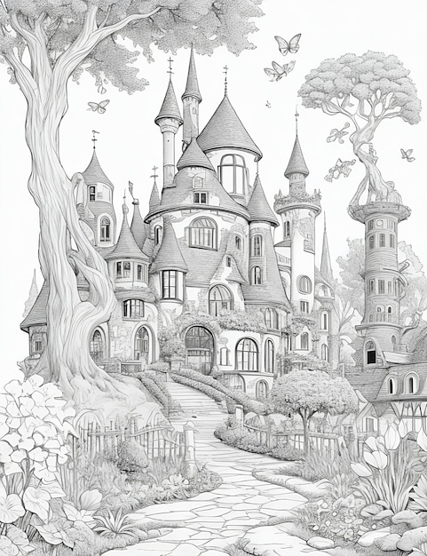 Un dessin d'un château avec un arbre et un château en arrière-plan pages à colorier pour enfants