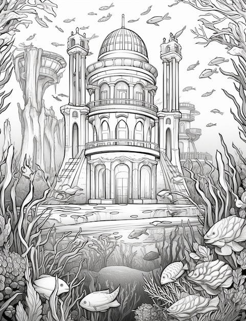 Photo un dessin d'un château entouré d'arbres et de poissons ai génératif