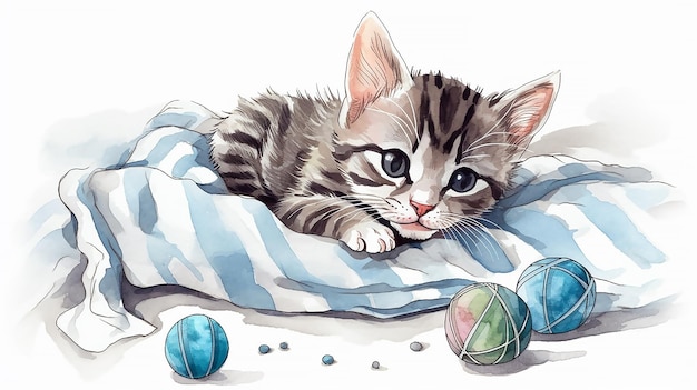 Un dessin d'un chaton sur une couverture rayée avec des boules bleues.