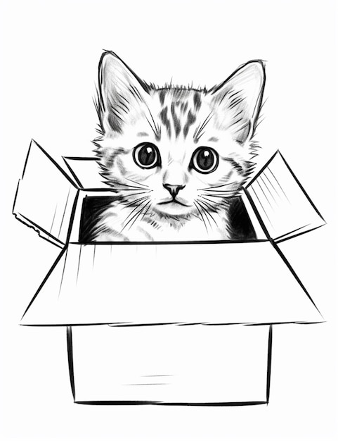 Dessin d'un chaton dans une boîte avec un fond blanc ai génératif