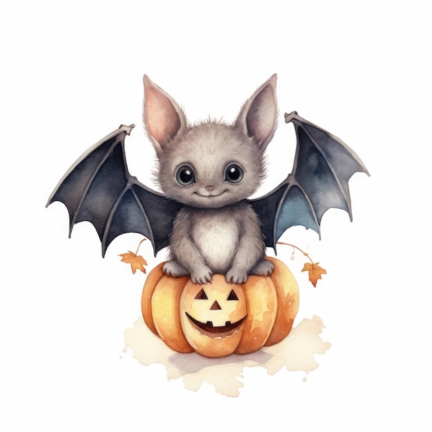 un dessin d'une chauve-souris avec une citrouille dessus