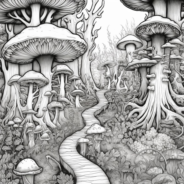 Un dessin d'un chemin à travers une forêt avec des champignons génératifs ai