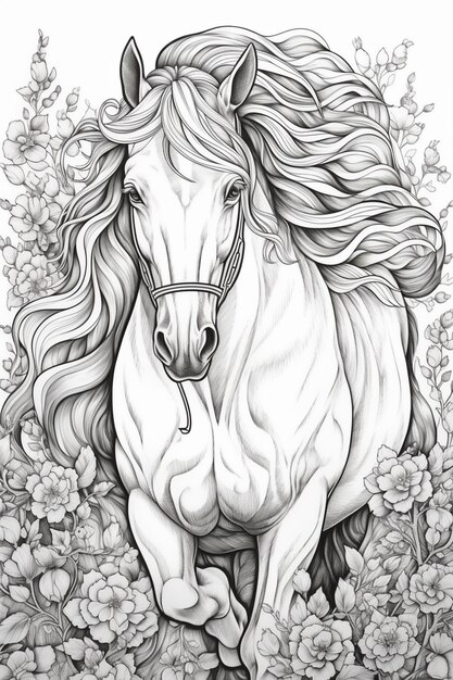 un dessin d'un cheval qui court à travers un champ de fleurs