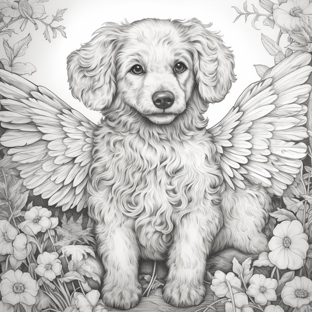 Photo dessin d'un chien avec des ailes assis dans un champ de fleurs