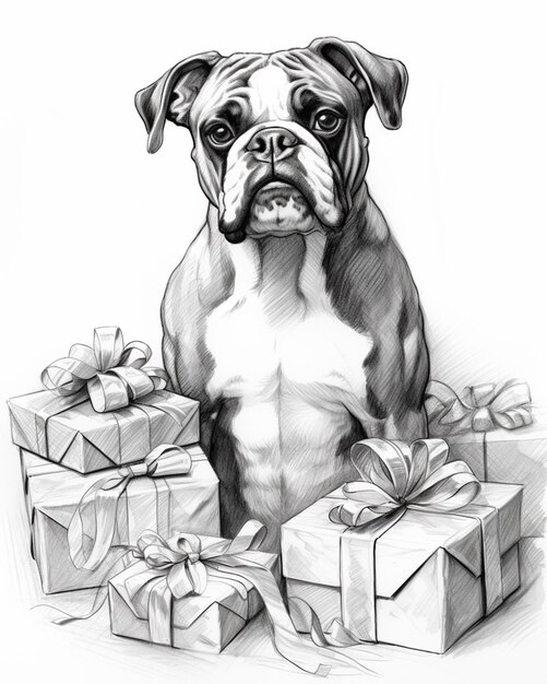 un dessin d'un chien assis à côté d'une pile de cadeaux