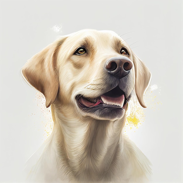 Un dessin d'un chien avec un collier jaune et une queue à plumes blanches.