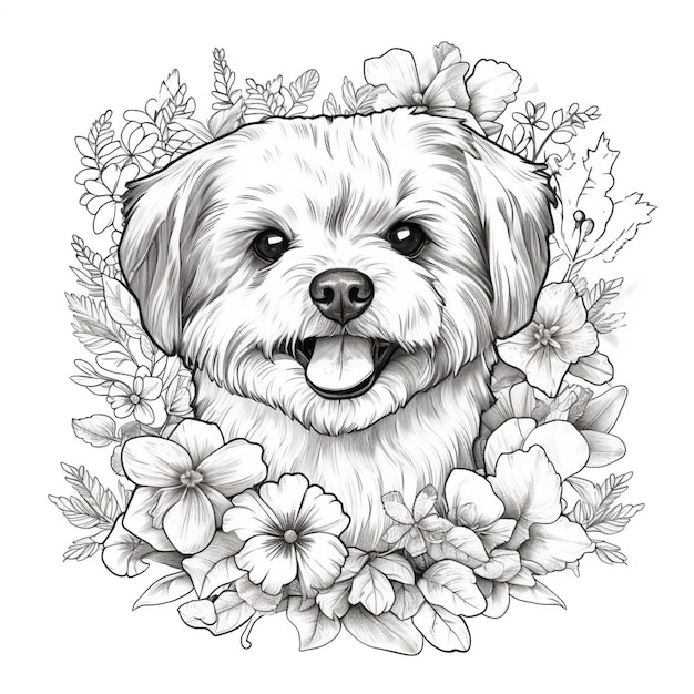 Un dessin d'un chien avec des fleurs autour d'elle générative ai