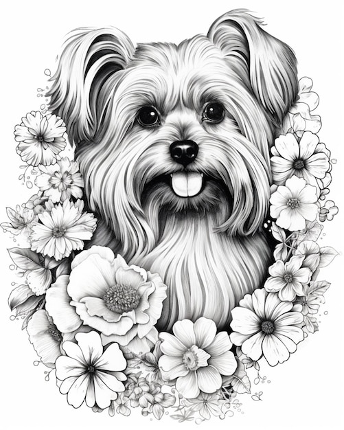 Un dessin d'un chien avec des fleurs autour d'elle générative ai