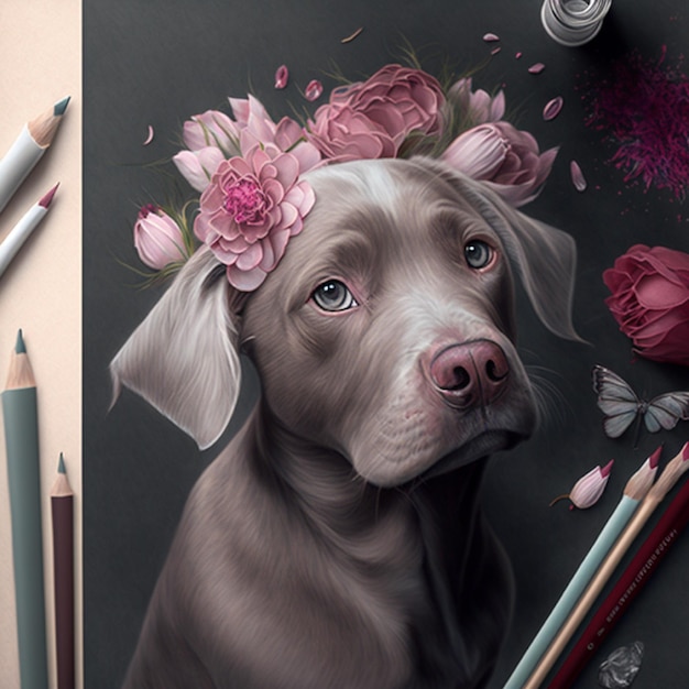 Photo un dessin d'un chien avec des fleurs dessus