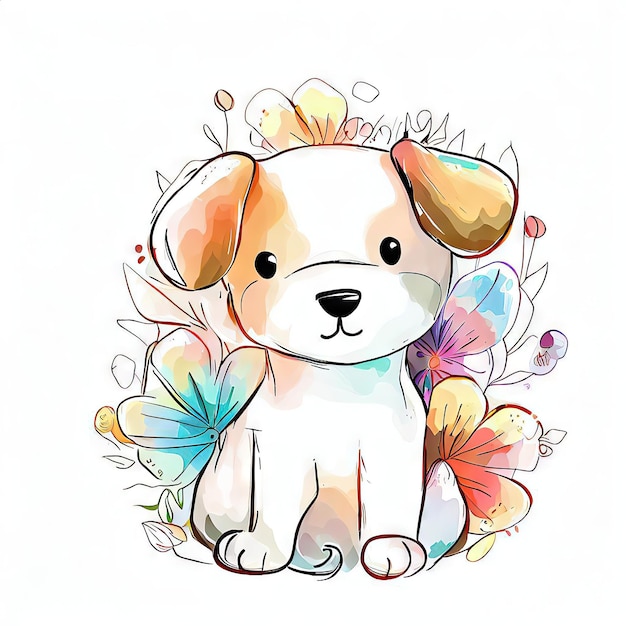 Un dessin d'un chien avec un fond coloré de fleurs.