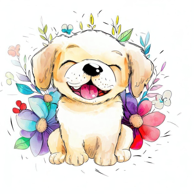 Un dessin d'un chien avec un fond de fleur