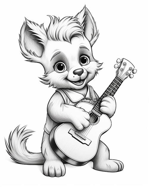 un dessin d'un chien jouant de la guitare et souriant ai générative