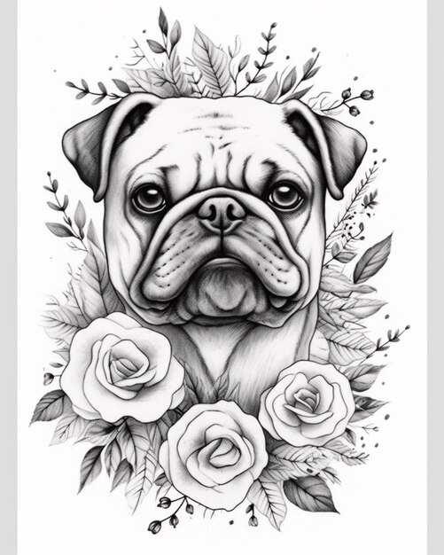un dessin d'un chien pug avec des roses et des feuilles génératives ai