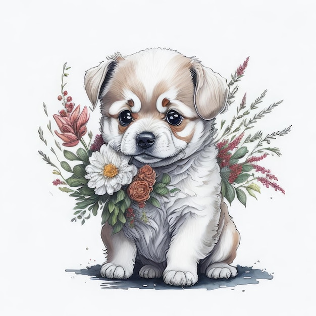 Un dessin d'un chiot avec un bouquet de fleurs dans sa bouche.