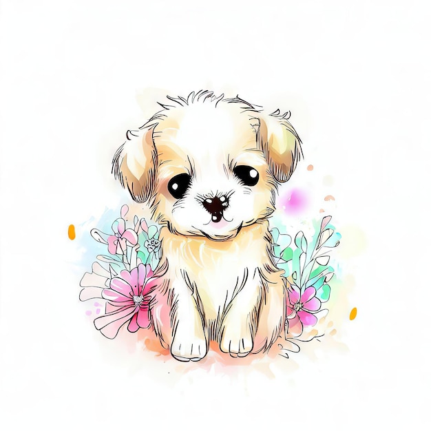 Un dessin d'un chiot qui est sur un fond blanc